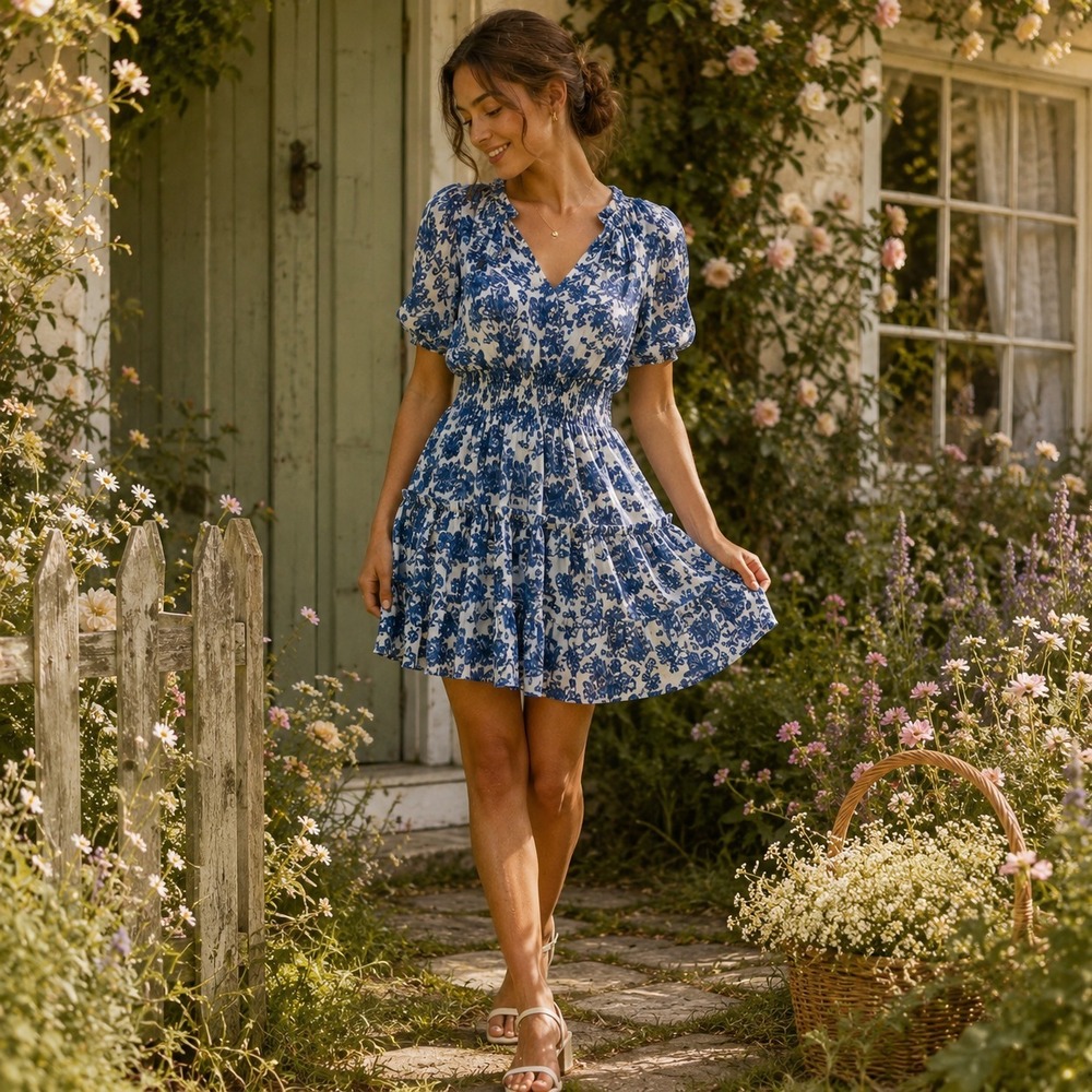 Rails Fiorella Chambray Floral Mini Dress Sz S Blue White Smocked Boho Cottage